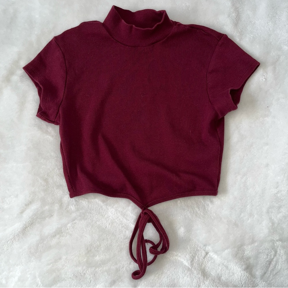 Pacsun maroon mock neck tie front short sleeve